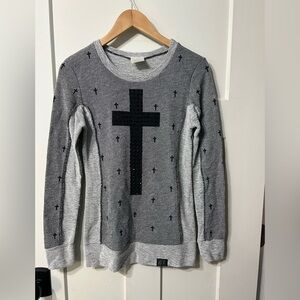 Vocal Gray Embellished Cross long sleeve sweater shirt Rhinestones